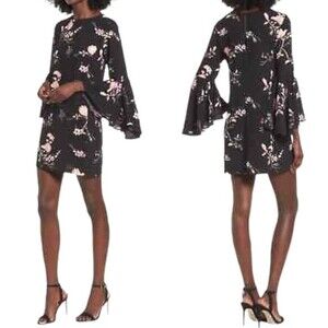 Leith Shift Dress Black & Pink Floral Bell Statement Sleeves Women’s Size XS